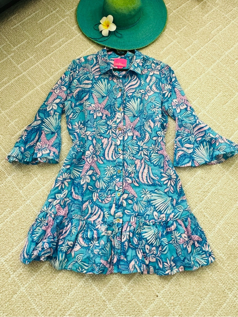 Lilly Pulitzer Blue & Pink Tropical Button-Front Ruffle Linen Dress